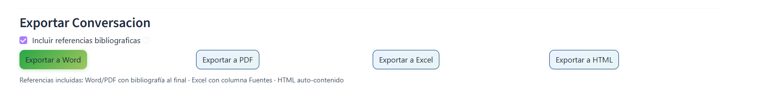 Panel de exportación de conversación con opciones de formato Word, PDF, Excel y HTML